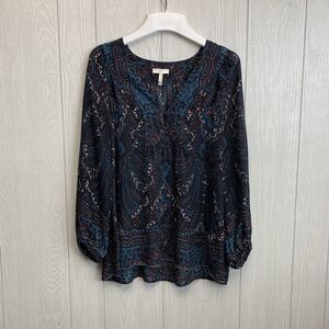 Joie Silk Black Blue V-Neck Long Sleeve Blouse Top Size Small